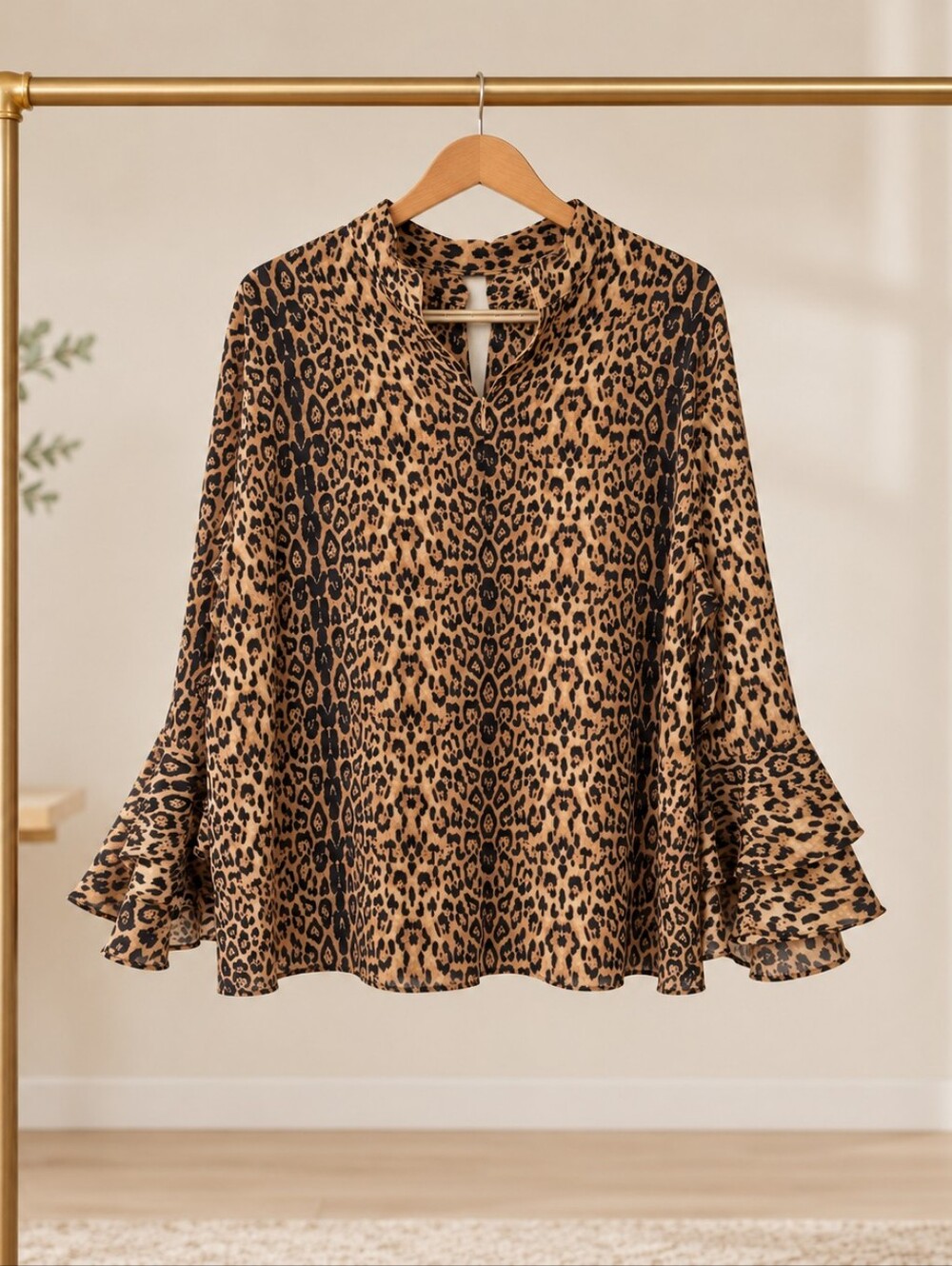 Peter Nygard Leopard Print Ruffle Bell Sleeve Blouse XL 23" PTP